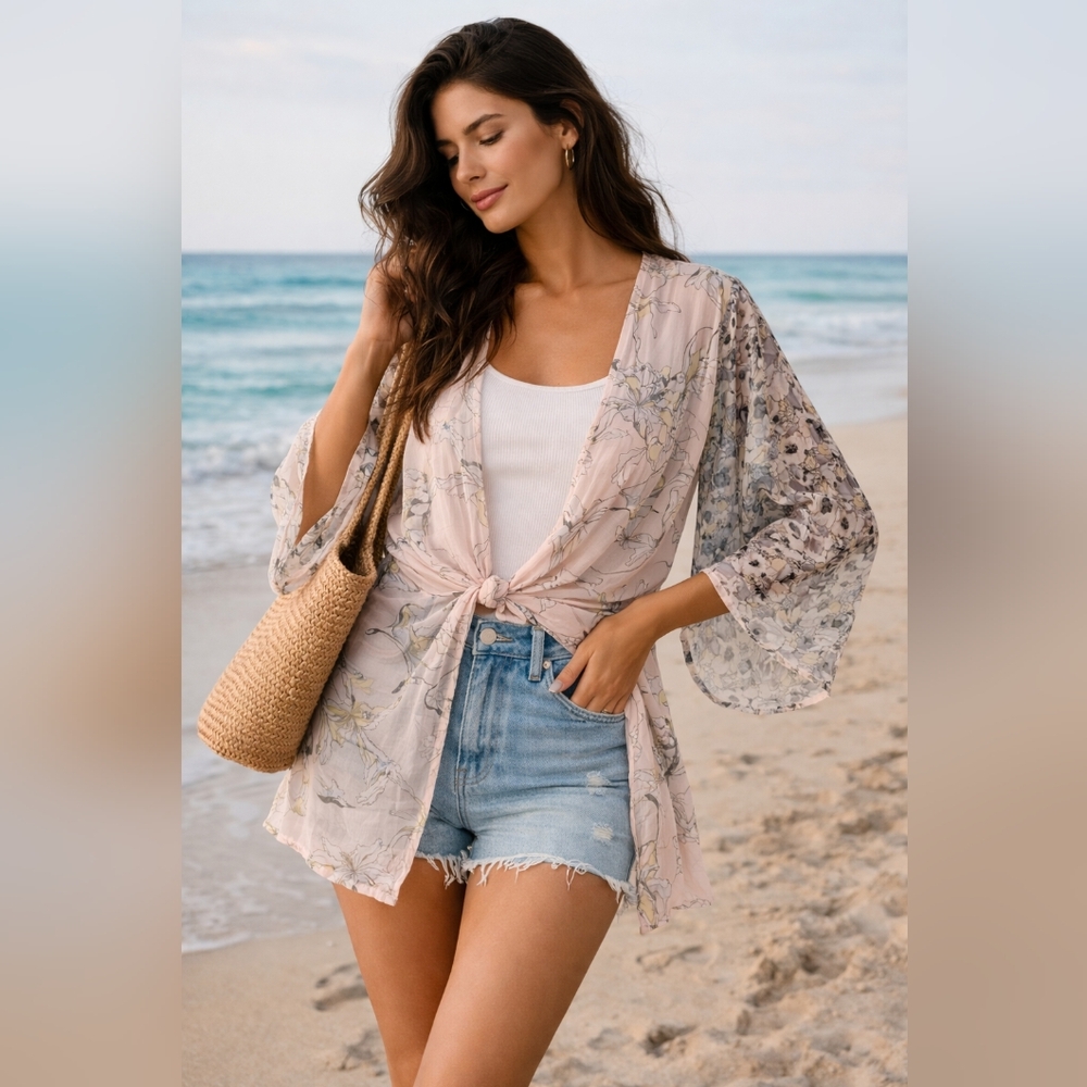 Steve Madden Light Pink Floral Tie-Front Kimono OSFM